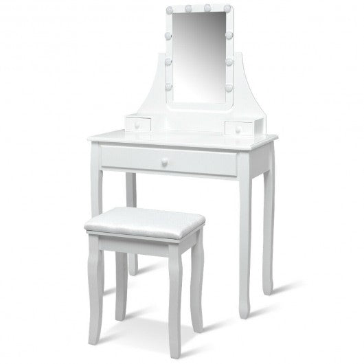 10 LED Lighted Mirror and 3 Drawers Vanity Table Set-White
