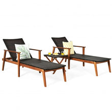 Load image into Gallery viewer, 3 Pcs Patio Wooden Frame Rattan Lounge Chaise Chair Set with Folding Table

