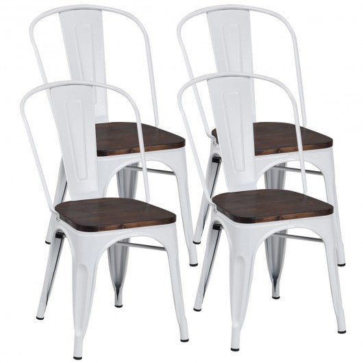4 pcs Tolix Style Metal Dining Side Chair Stackable Wood Seat-White