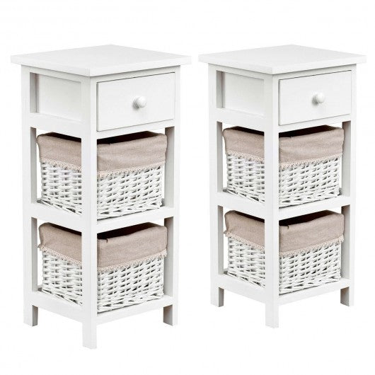 2Pcs Bedroom Bedside End Table with Drawer Baskets-White