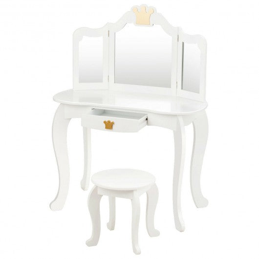 Kids Makeup Dressing Table with Tri-folding Mirror and Stool-White