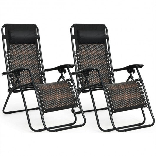 2Pcs Folding Patio Rattan Zero Gravity Lounge Chair-Brown