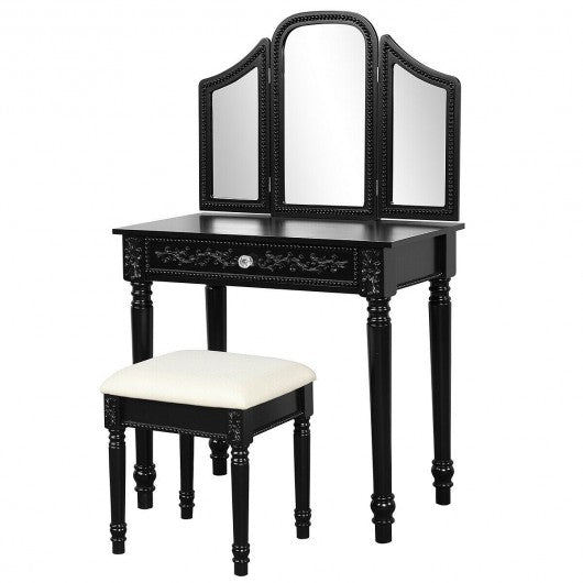 Vanity Dressing Makeup Table Set with Tri-Folding Mirror and Stool-Black