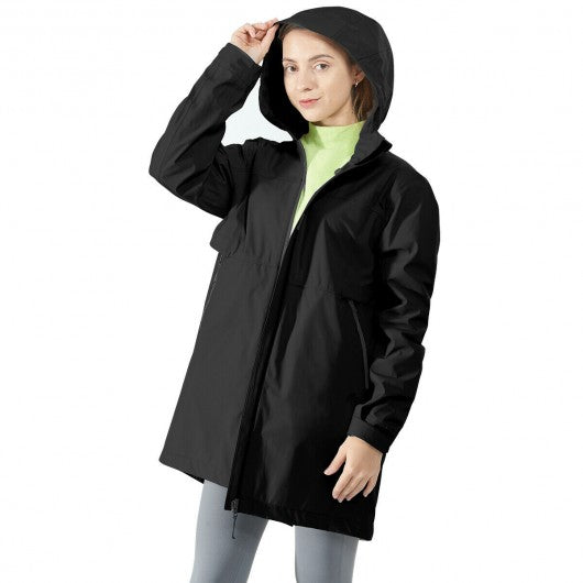 Hooded  Women's Wind & Waterproof Trench Rain Jacket-Black-XL