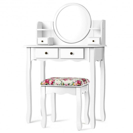 Makeup Vanity Table Set Girls Dressing Table with Drawers Oval Mirror-White