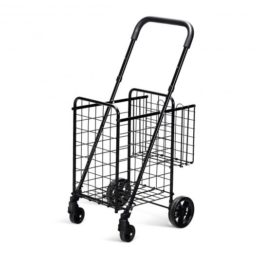 Folding Shopping Cart Basket Rolling Trolley with Adjustable Handle-Black