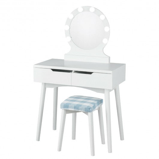Dressing Table with Large Round Mirror and 8 Light Bulbs for Bedroom-White