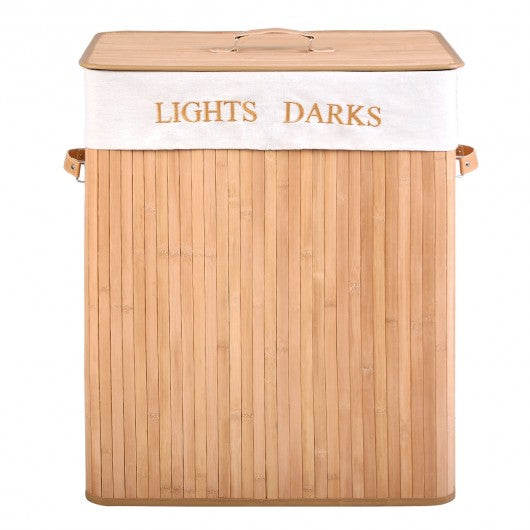 Double Rectangle Bamboo Hamper Laundry Basket Cloth Storage Bag Lid-Natrual