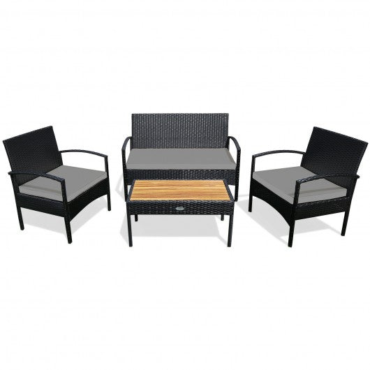 4 Pcs Patio Rattan Furniture Set Sofa Chair Coffee Table with Cushion-Gray