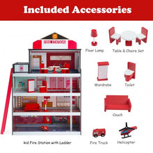 Load image into Gallery viewer, Wooden Fire Station Dollhouse Playset with Truck and Helicopter
