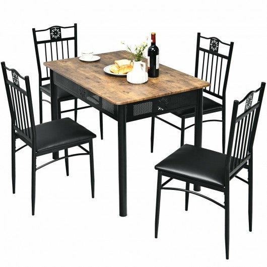 5 Pcs Dining Set Wood Metal Table and 4 Chairs with Cushions-Black