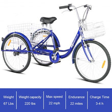 Load image into Gallery viewer, 26&quot; Seat Height Adjustable Single Speed 3-wheel Tricycle with Bell-Blue
