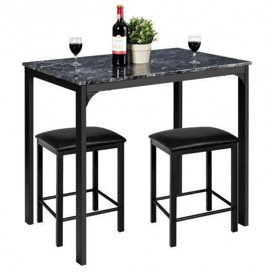 3 Piece Counter Height Dining Set Faux Marble Table-Black