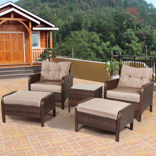 5 Pcs Patio Rattan Sofa Ottoman Furniture Set with Cushions