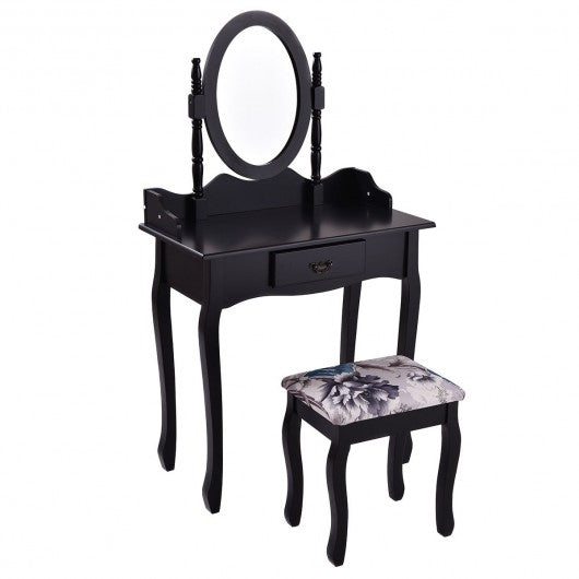 Wooded Vanity Table Set with Oval Mirror and Rotating Mirror-Black