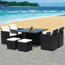 Load image into Gallery viewer, 9 Pcs Patio Rattan Dining Set Chairs Ottoman Cushioned Glass Table Top
