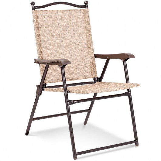 Set of 2 Patio Folding Sling Back Camping Deck Chairs-Beige
