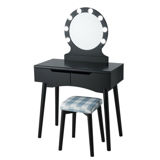 Dressing Table with Large Round Mirror and 8 Light Bulbs for Bedroom-Black