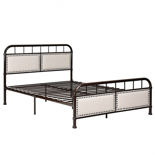 Full Size Metal Upholstered Panel Headboard Bed Frame-Chocolate