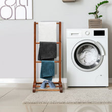 Load image into Gallery viewer, 3-Bar Acacia Wood Freestanding Bathroom Towel Rack  w/Bottom Storage Shelf-Brown
