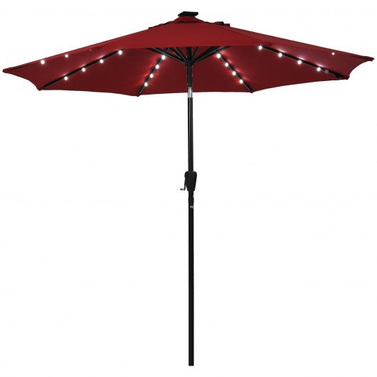 9 Ft and 32 LED Lighted Solar Patio Market Umbrella Shelter with Tilt and Crank-Burgundy