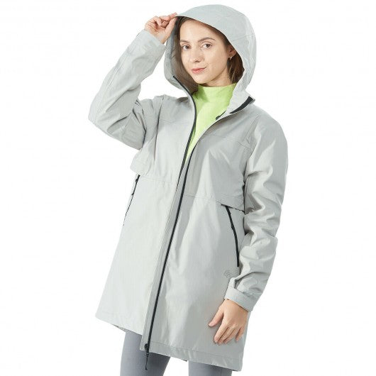 Hooded  Women's Wind & Waterproof Trench Rain Jacket-Gray-L