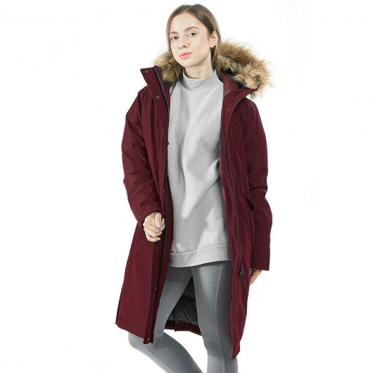 Women's Hooded Long Down Coat with Faux-fur Trim-Red-XXL