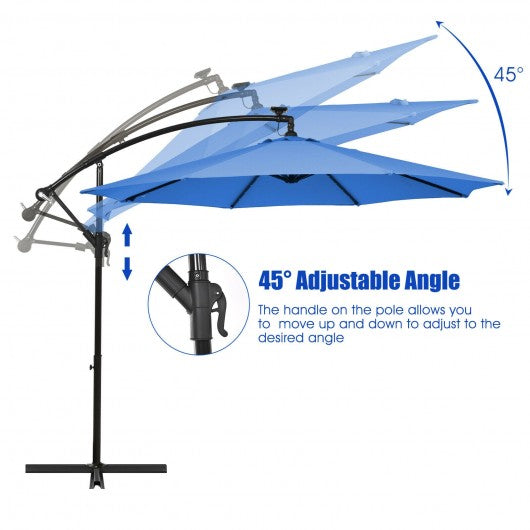 10 Ft Solar LED Offset Umbrella with 40 Lights and Cross Base for Patio-Blue