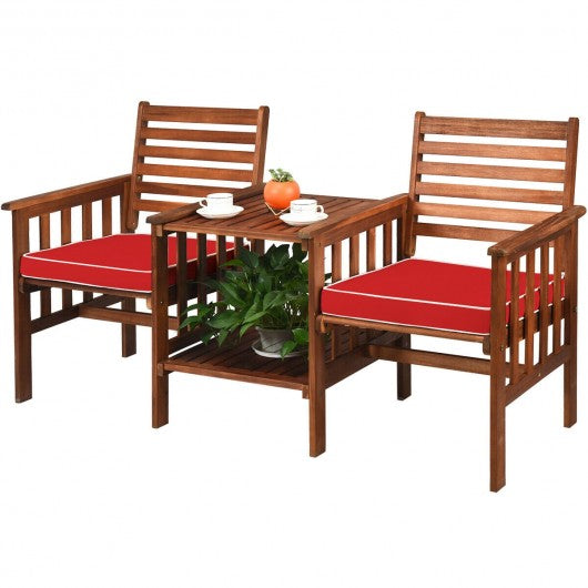 3 pcs Outdoor Patio Table Chairs Set Acacia Wood Loveseat-Red
