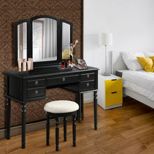 Load image into Gallery viewer, Tri-Fold Mirror Table Stool Wooden Vanity Make Up Dressing Set-Black
