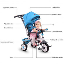 Load image into Gallery viewer, 4-in-1 Detachable Baby Stroller Tricycle with Round Canopy -Blue
