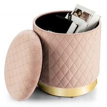 Load image into Gallery viewer, Round Storage Ottoman with Exquisite Pattern and Golden Metal Base for Bedroom
