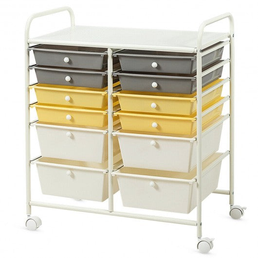 12 Drawers Rolling Cart Storage Scrapbook Paper Organizer Bins-Yellow