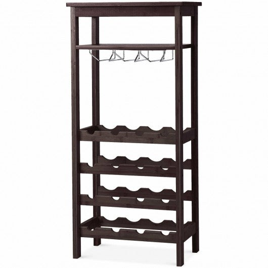 16 Bottles Bamboo Storage Wine Rack with Glass Hanger-Brown