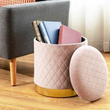 Load image into Gallery viewer, Round Storage Ottoman with Exquisite Pattern and Golden Metal Base for Bedroom
