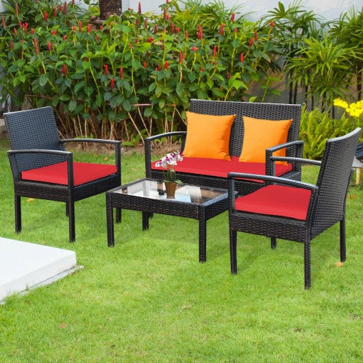 4PCS Patio Rattan Furniture Set Cushioned Loveseat Armrest Garden-Red