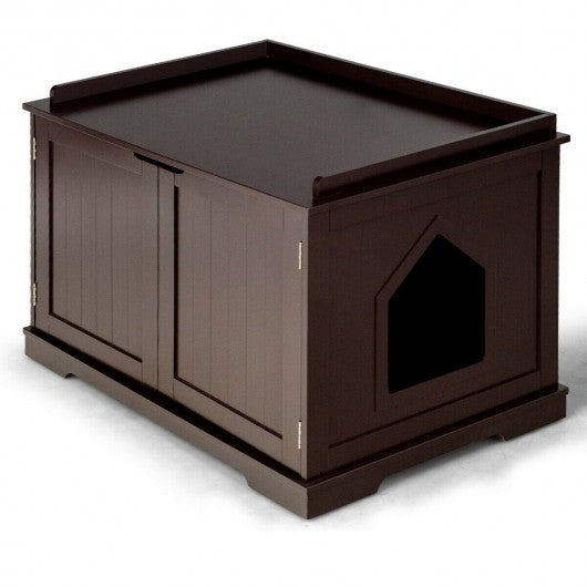 Cat Litter Box Wooden Enclosure Pet House Sidetable Washroom-Brown