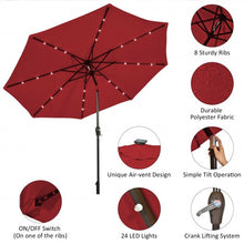 Load image into Gallery viewer, 10&#39; Solar LED Lighted Patio Market Umbrella Shade Tilt Adjustment Crank-Burgundy
