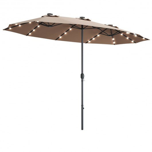15 Ft Patio LED Crank Solar Powered 36 Lights  Umbrella-Tan