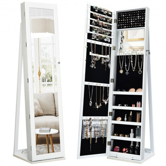 Mirrored Lockable Standing Jewelry Storage Organizer-White