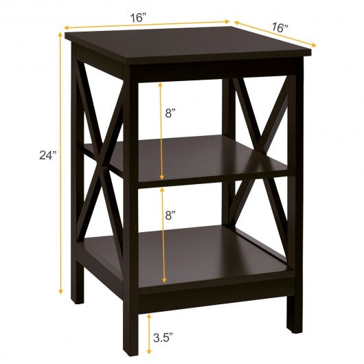 3-Tier Nightstand End Table with X Design Storage -Espresso