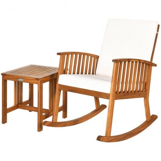 2PCS Acacia Wood Patio Rocking Chair Table Set