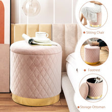 Load image into Gallery viewer, Round Storage Ottoman with Exquisite Pattern and Golden Metal Base for Bedroom
