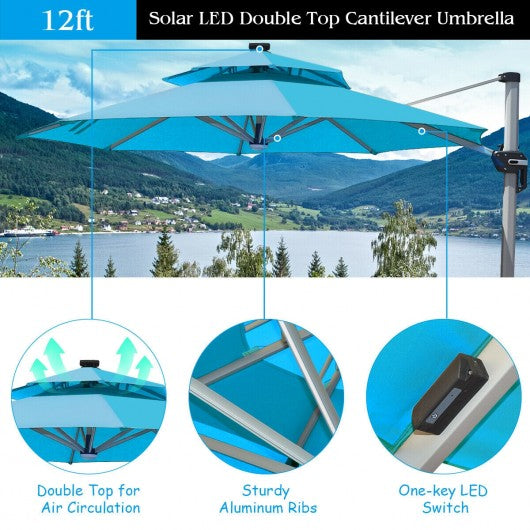 12ft 360° Rotation Aluminum Solar LED Patio Cantilever Umbrella-Green
