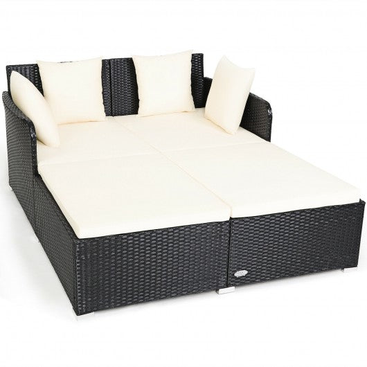 Outdoor Patio Rattan Daybed Thick Pillows Cushioned Sofa Furniture-White