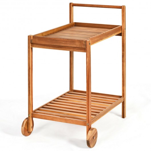 2-Tier Acacia Rolling Kitchen Trolley Cart