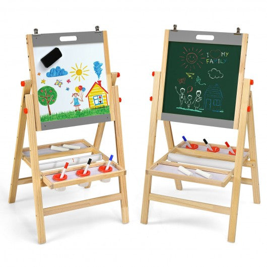 Kids Art Easel with Paper Roll Double Sided Chalkboard and Whiteboard-Gray