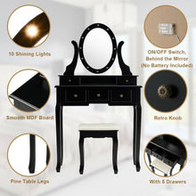 Load image into Gallery viewer, 5 Drawers Vanity Table Stool Set with 12-LED Bulbs-Black
