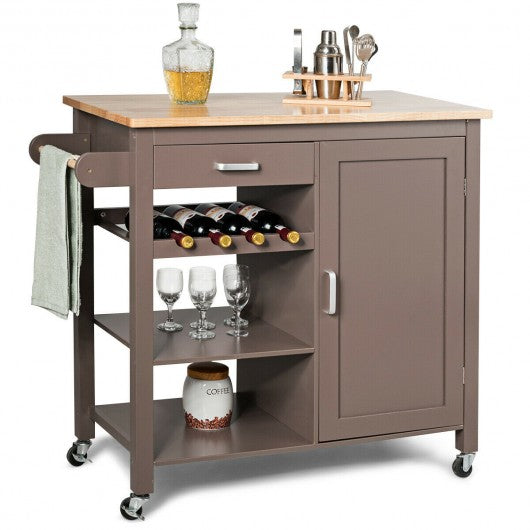 Kitchen Island Trolley Cart Storage Cabinet with Wine Rack & Shelf-Coffee
