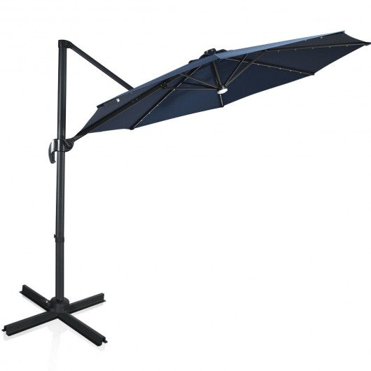 10 Ft Patio Offset Cantilever Umbrella with Solar Lights-Navy